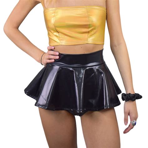 10 Super Mini Black Metallic High Waisted Skater Skirt Metallic