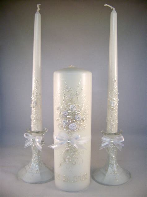 Gorgeous Wedding Unity Candle Set In Pearl Ivory And White