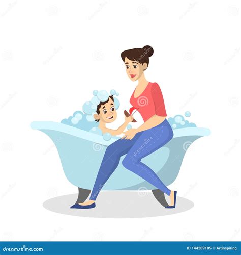 Mother Wash Boy In The Bath Baby Bathing Stock Vector Illustration