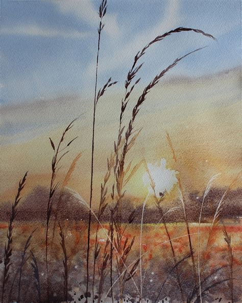Original Sunset Landscape Painting Hazy Autumn Tall Grasses Bokeh