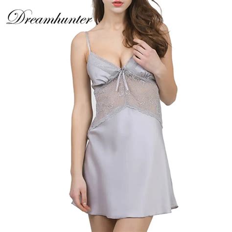 Womens Summer Nightwear Silk Nightgowns Fashion Lace Hollow Out Nightdress Deep V Straps Skirts