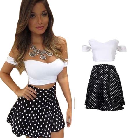 2017 Summer New 2 Pieces Top Skirt Set Strpless Crop Top Polka Dots Mini Skirt Made By Cotton