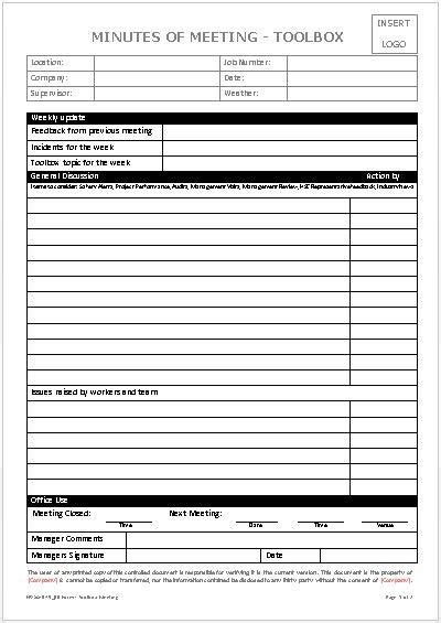 The Minutes Of Meeting Toolbox Form Is Shown In Black And White As