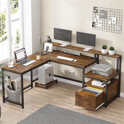 Sedeta L Shape Desk With File Drawer Computer Corner Desk With Hutch Storage Shelves