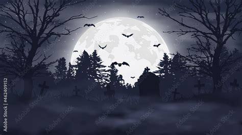 Halloween Night Background Scary Cemetery And Full Moon Vector Banner