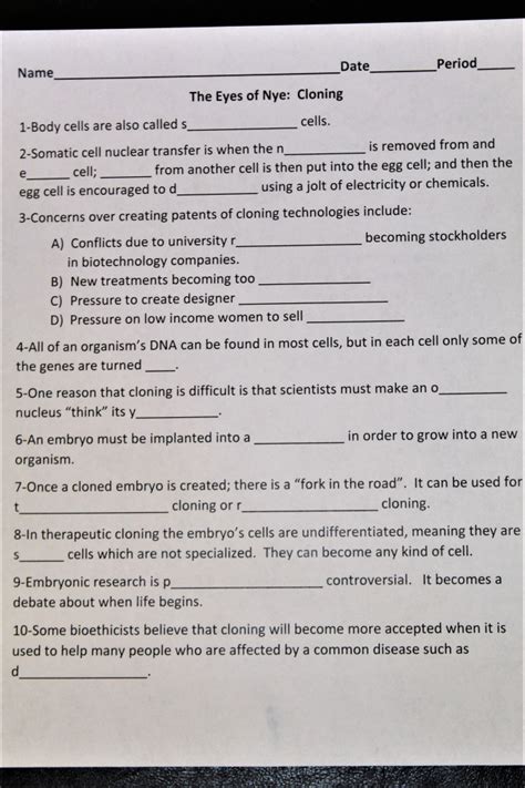 In this bill nye cells worksheet, students answer a set of 13 questions as they view this bill nye video. Cloning-Bill Nye Video Worksheet