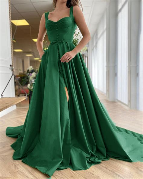 Emerald Green Satin A Line High Slit Prom Dress With Buttons Vestido D