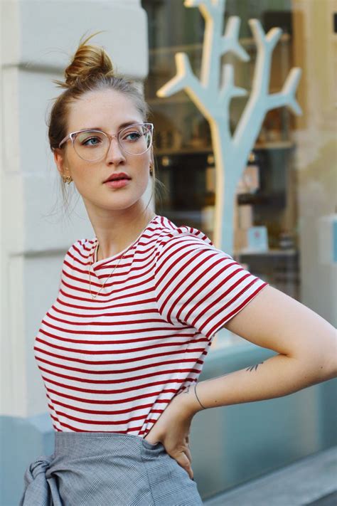 knotted skirt red stripped shirt rosé eyes and more glasses and aigner earrings outfit