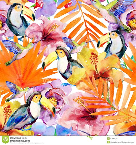Flowers And Birds On A White Background Painting Stock