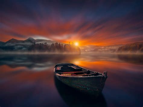 Sunset Wallpaper 4k Boat Lake Reflections Dawn Mountains Fog