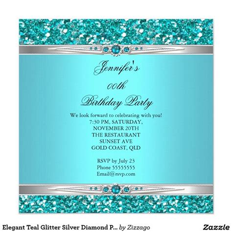 Elegant Teal Glitter Silver Diamond Pearl Birthday Invitation Zazzle