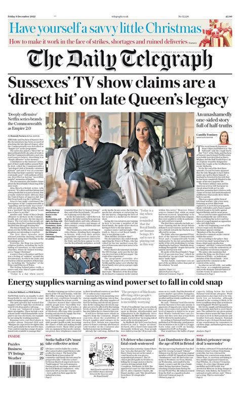 Daily Telegraph Front Page 9th Of December 2022 Tomorrows Papers Today