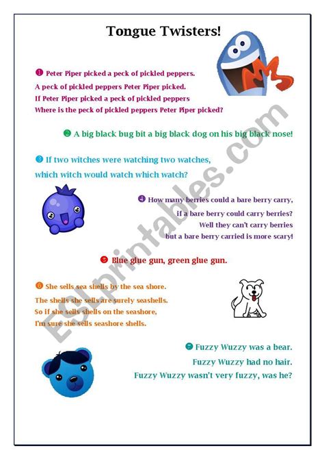 Tongue Twisters For Children Esl Worksheet By Pisciana