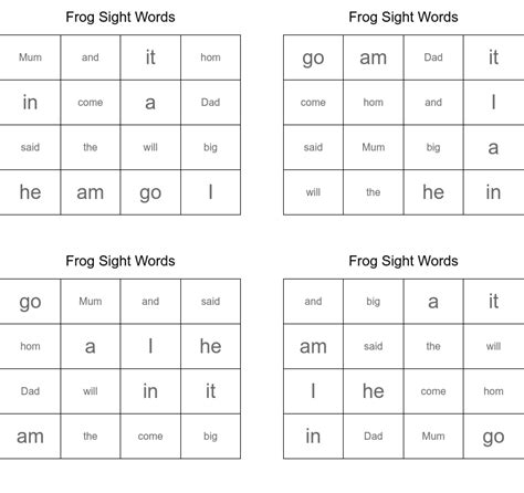 Frog Sight Words Bingo Cards Wordmint
