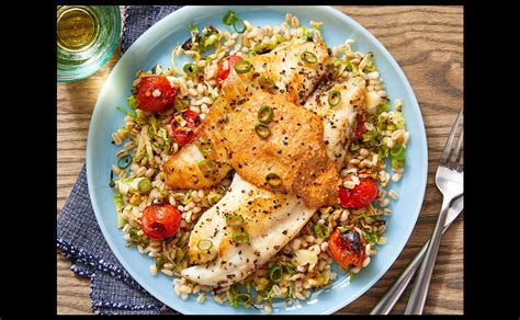 Jump to recipe recipe index. Tilapia & Creamy Romesco Sauce with Barley, Tomatoes, and Brussels Sprouts