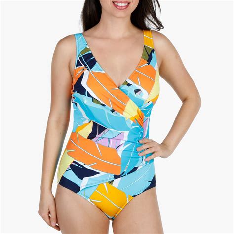Women S Tropical Print Wrap One Piece Swimsuit Multi Burkes Outlet