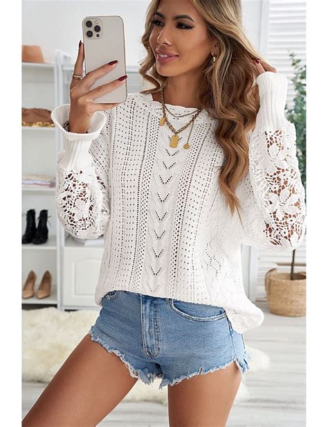 White Crochet Lace Pointelle Knit Sweater Ezibuy Australia