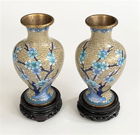 Jingfa Chinese Cloisonne Vase Matching Lot Of 2 Urns Pots Vintage Gold