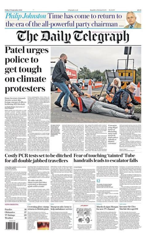 Daily Telegraph Front Page 17th Of September 2021 Tomorrow S Papers