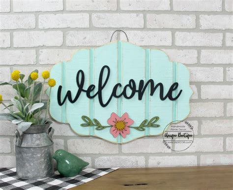 Teal Welcome Sign With Pink Flower Modern Door Wreath Wood Etsy