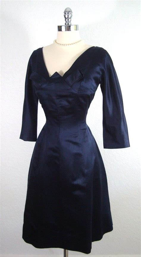 vintage 1950 s 50 s navy blue shimmering silk satin shelf bust cocktail party dress dresses