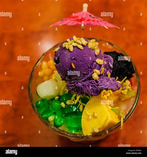 philippine halo halo dessert consisting of shaved ice and milk with various ingredients
