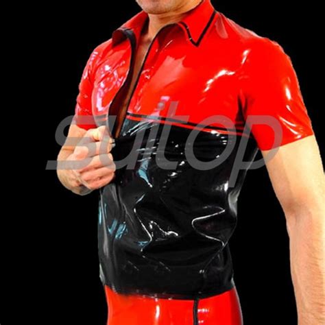 Suitop Casual Mens Rubber Latex Short Sleeve Tight T Shirt With Front