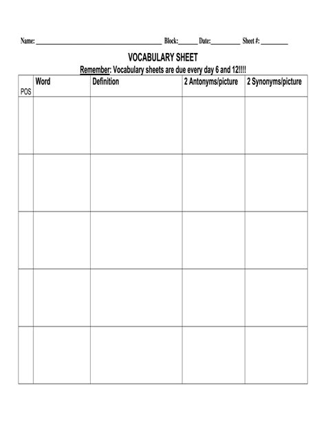 Blank Vocabulary Worksheets Pdf 2020 2022 Fill And Sign Printable