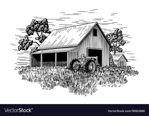 Old Farm Tractor And Barn Royalty Free Vector Image
