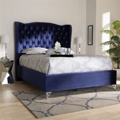 Hanne Button Tufted Blue Velvet Fabric Tall Wingback Headboard Panel Bed Frame Ebay