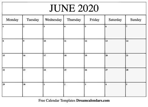 June 2020 Calendar Free Blank Printable With Holidays