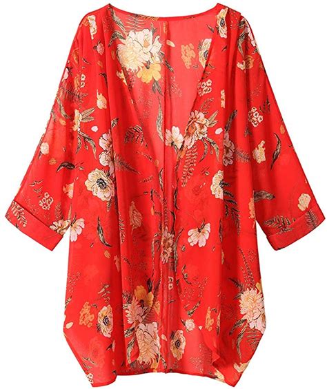 Olrain Womens Floral Print Sheer Chiffon Loose Kimono Cardigan Capes