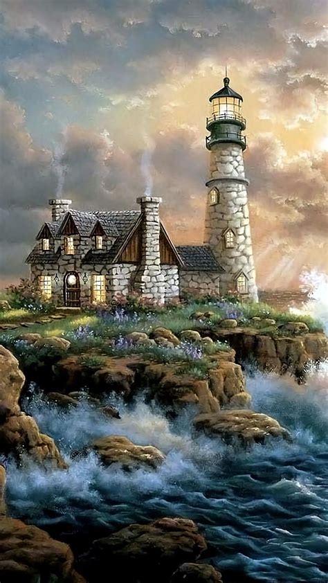 A Stone Lighthouse Pinturas Paisajes Marinos Paisaje Para Pintar Pintura De Faro