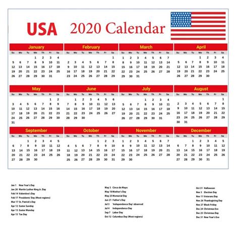 Usa Holidays 2020 Calendar