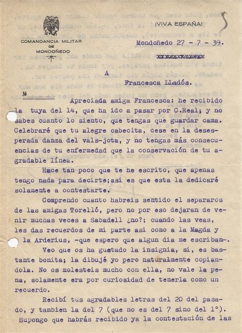 Cartas De La Guerra Civil Española 1936 1939 Rogelio Izquierdo 27 De Julio De 1939