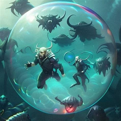 Ai Art Generator Large Group Of Male Demons Inside A Bubble Underwater