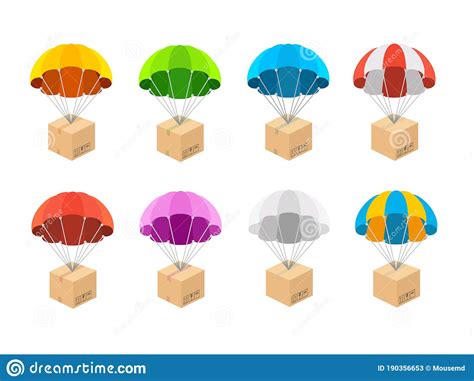 Cartoon Color Different Parachute With Box Icons Set Vector Stock
