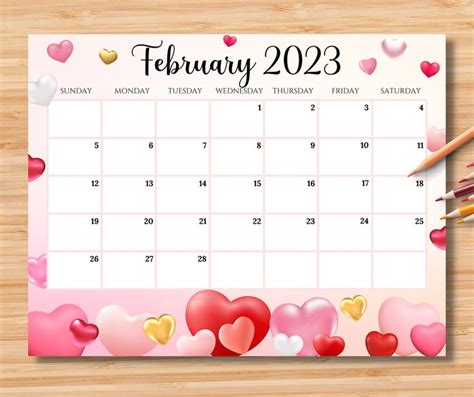 Editable February Calendar Happy Valentine With Sweet Hearts Printable Fillable Calendar