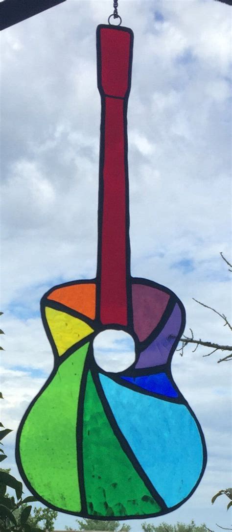 Stained Glass Acoustic Guitar Suncatcher Rainbow Red Spiral Etsy Australia Glass Window Art