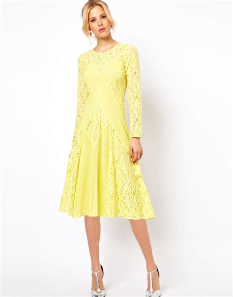 Asos Asos Petite Exclusive Midi Dress With Lace In Yellow Lyst