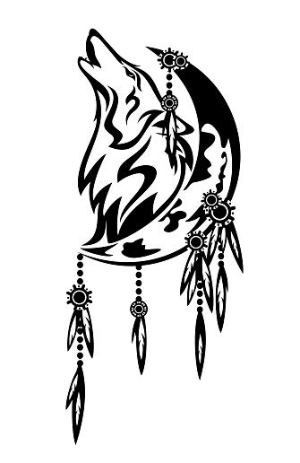 Dreamcatcher With Moon Crescent And Howling Wolf Head Black Vector