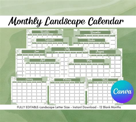 Printable Landscape Calendar Templatefully Editable Green Etsy