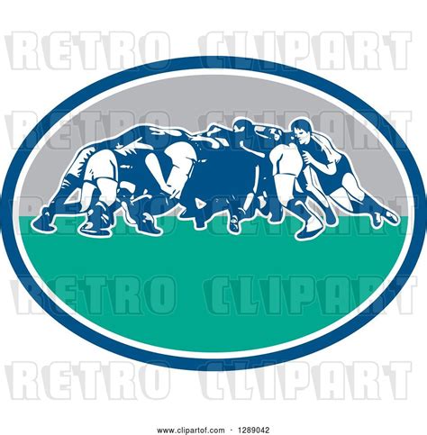 Vector Clip Art Of Retro Rugby Union Players In A Scrum In A Blue White