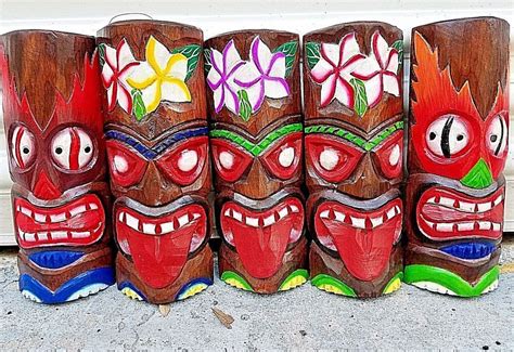 Set Of Handcarved Wood Vibrant Colored Tiki Masks With Flowers