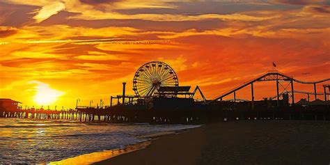 Fiery Sunset At Santa Monica Pier California Painting By Elaine Plesser