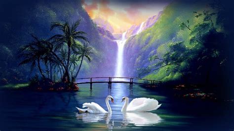 1080p Free Download Swans In Love Painting Tree Swan Waterfalls