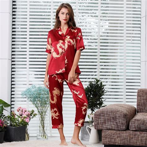 Buy Female Summer Stain Silk Chinese Dragon Print Pajamas Set Women Short