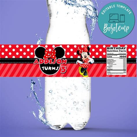 Minnie Mouse Birthday Water Bottle Label Template Diy Bobotemp