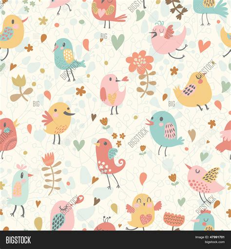 Cute Seamless Pattern With Small Birds And Flowers Spring Vector