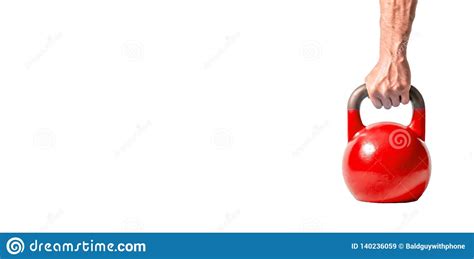 Strong Muscular Man Hand With Muscles Holding Red Heavy Kettlebell As